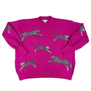 She + Sky Sweater Women's Medium Hot Pink Leopard Thermal Oversized Mock Neck